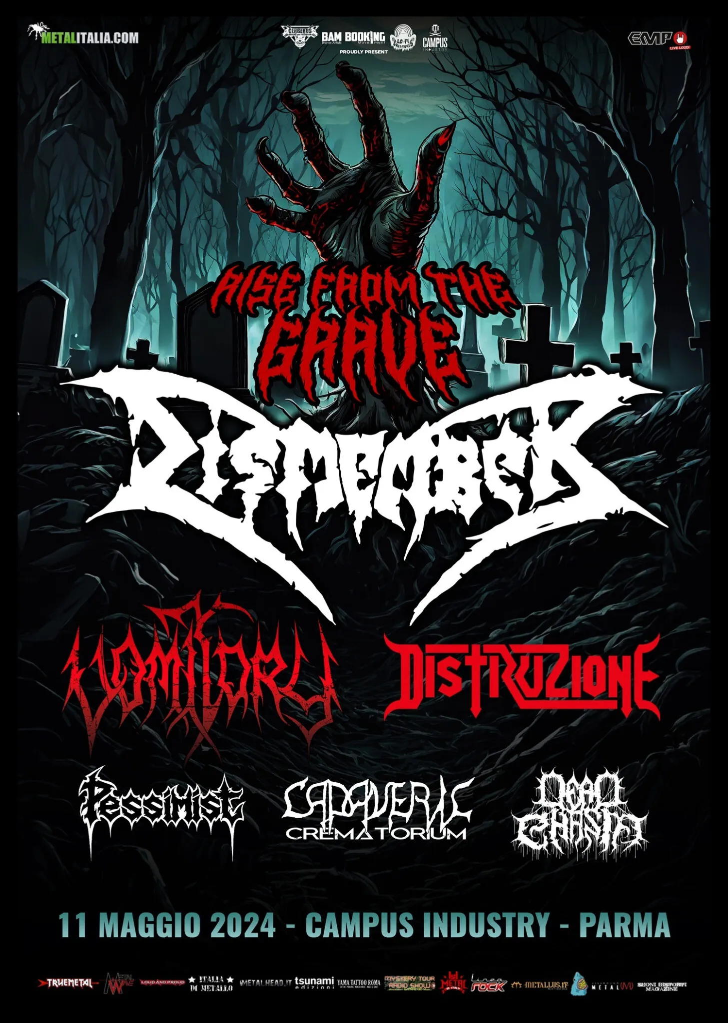 Rise From The Grave: gli orari del festival a Parma con Dismember, Vomitory, Distruzione e altri